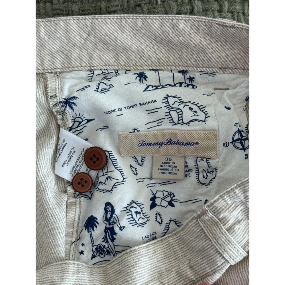 Tommy Bahama Mens 35 Linen Cotton Ticking Stripe Shorts Beige beach costal